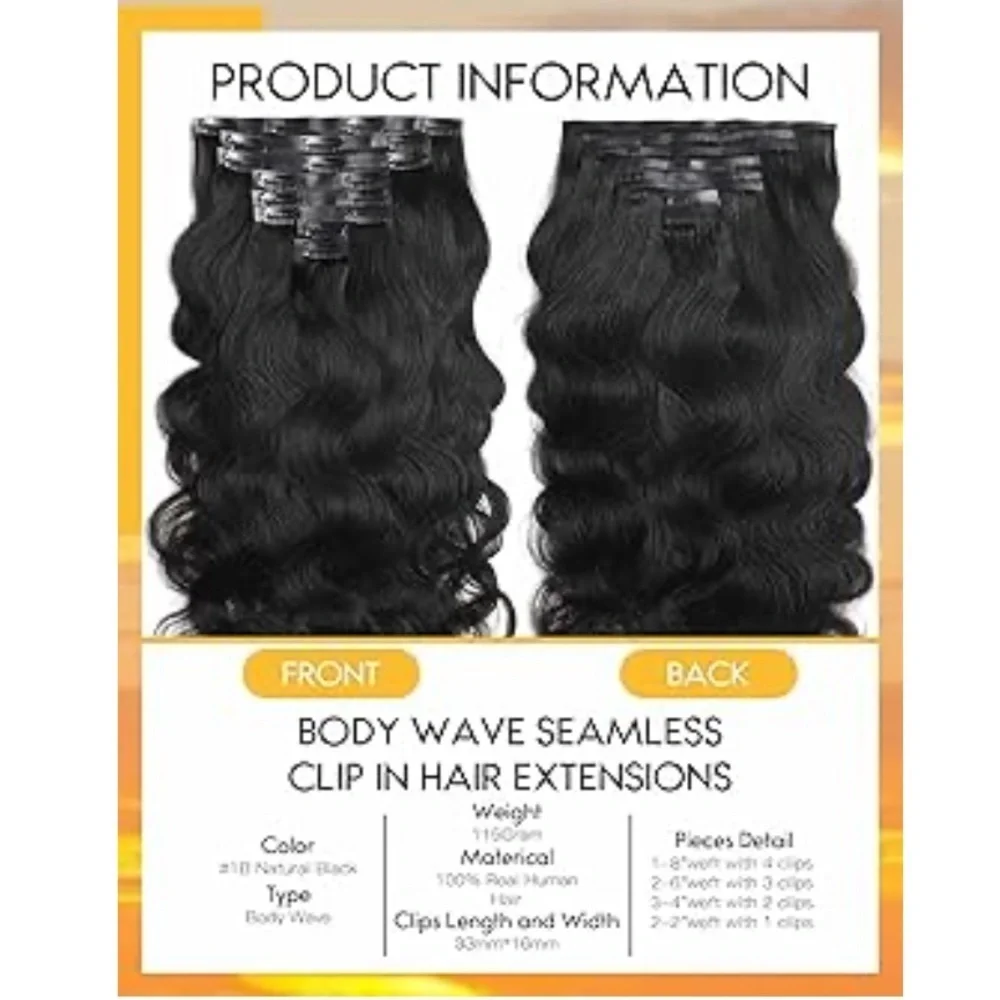 20” Natural Black Body Wave Human Hair PU Clip In Extensions 115g #RA4